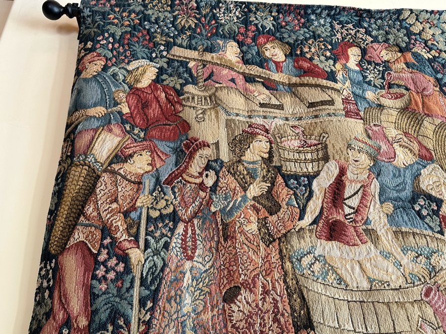 Impressive French Tapestry Grape Harvest Les Tissages D’Art De Lys Tapisseries Tissees Jacquard “Les Vendanges” 53” X 82” [Photo 6]