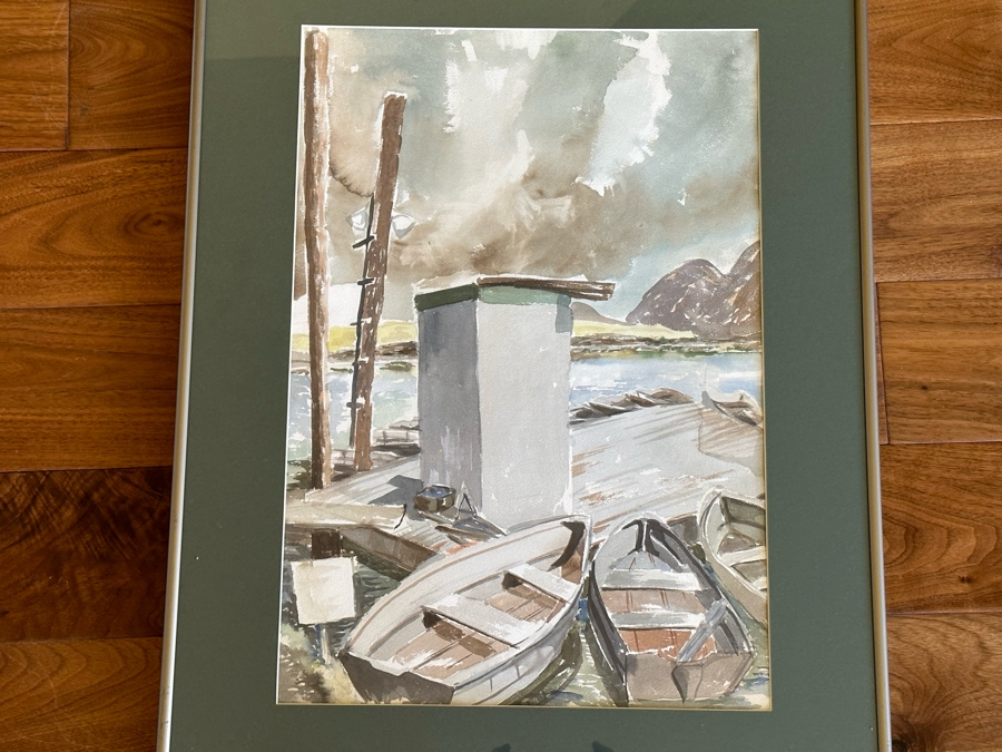 Original Boats On The Dock Watercolor Painting 14 X 20.5 Framed 21 X 27