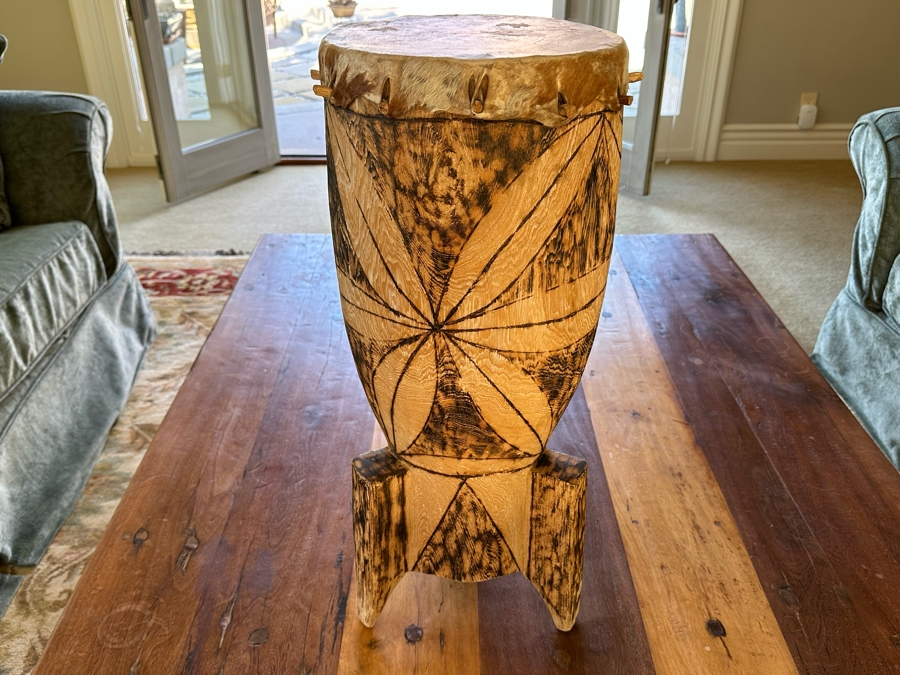 Carved Wooden Ethnic Drum 12R X 28H [Photo 1]