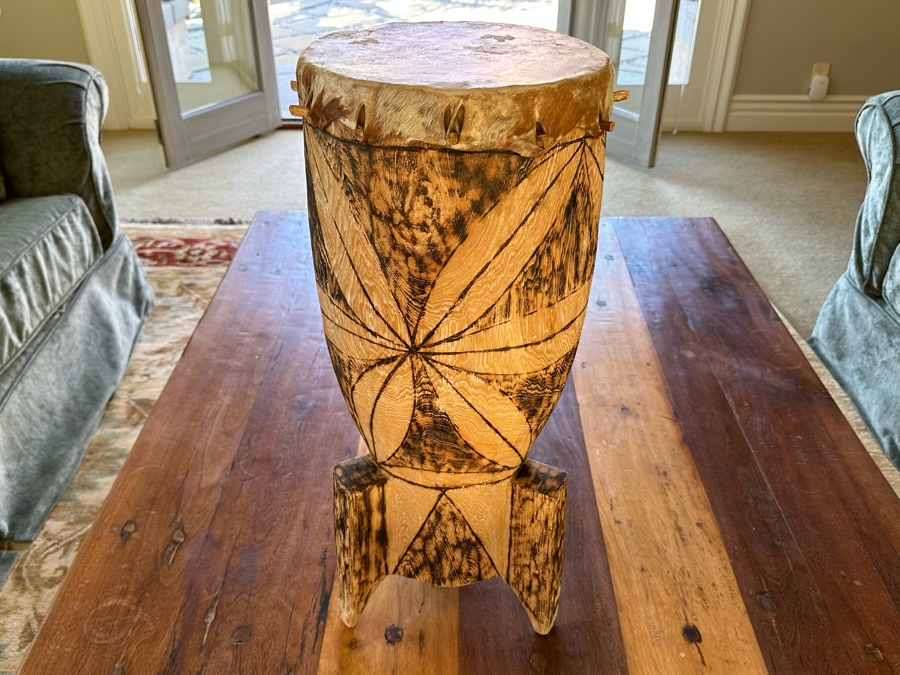 Carved Wooden Ethnic Drum 12R X 28H [Photo 3]
