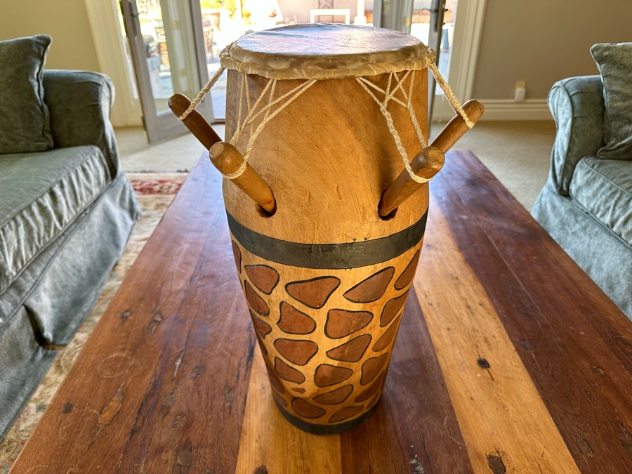 Carved Wooden Ethnic Drum 16W X 24H
