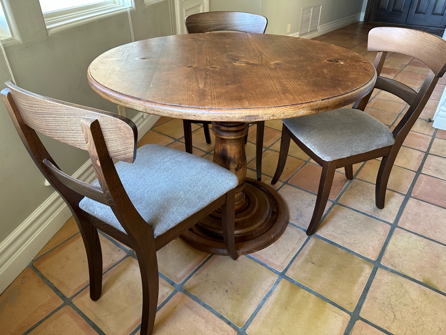 Wooden Pedestal Table 41.5R X 31H With Three Chairs 19W X 17D X 34H [Photo 5]