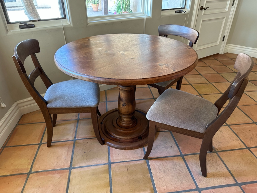 Wooden Pedestal Table 41.5R X 31H With Three Chairs 19W X 17D X 34H [Photo 4]