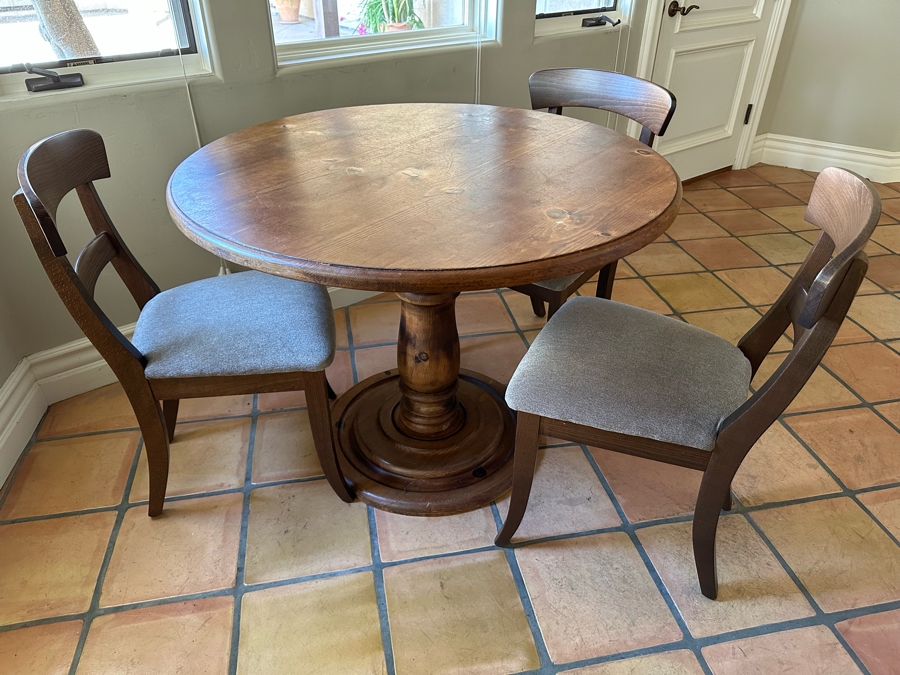 Wooden Pedestal Table 41.5R X 31H With Three Chairs 19W X 17D X 34H [Photo 2]