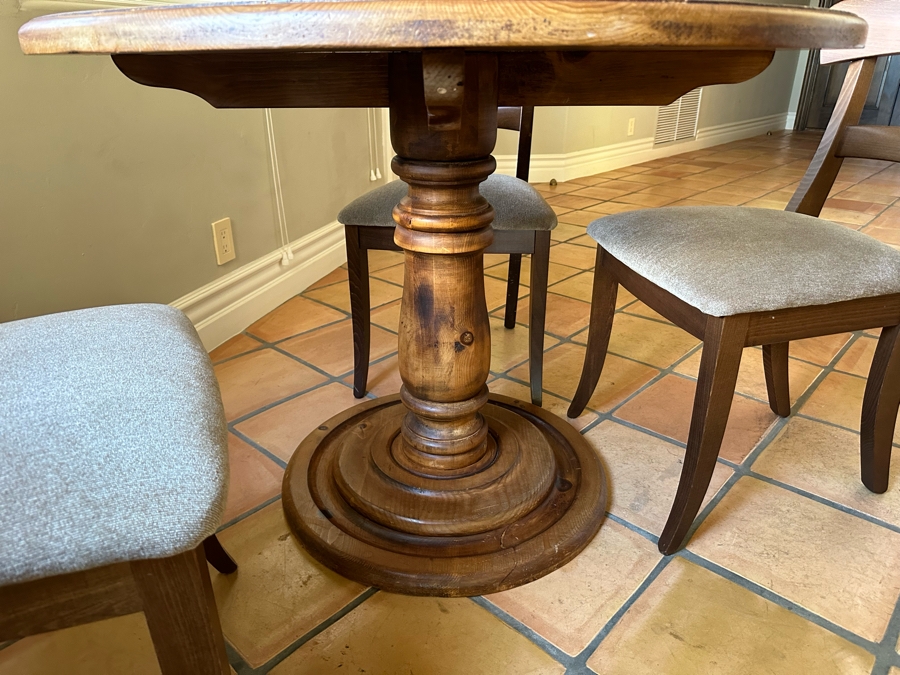 Wooden Pedestal Table 41.5R X 31H With Three Chairs 19W X 17D X 34H [Photo 7]