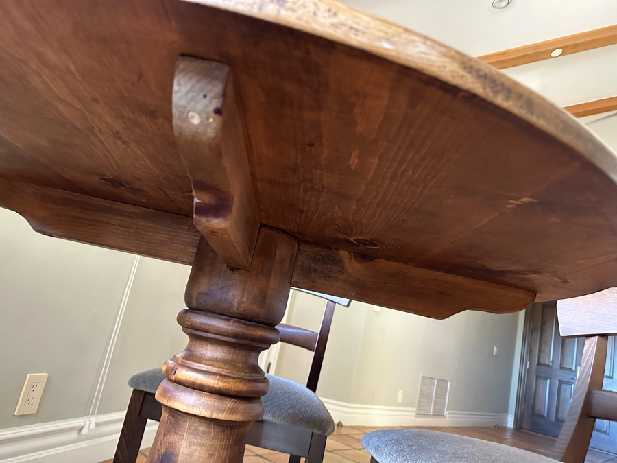 Wooden Pedestal Table 41.5R X 31H With Three Chairs 19W X 17D X 34H [Photo 8]