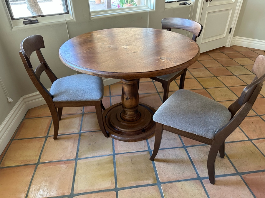 Wooden Pedestal Table 41.5R X 31H With Three Chairs 19W X 17D X 34H