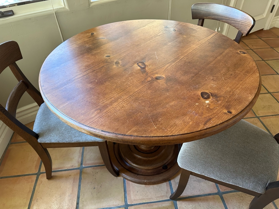 Wooden Pedestal Table 41.5R X 31H With Three Chairs 19W X 17D X 34H [Photo 3]