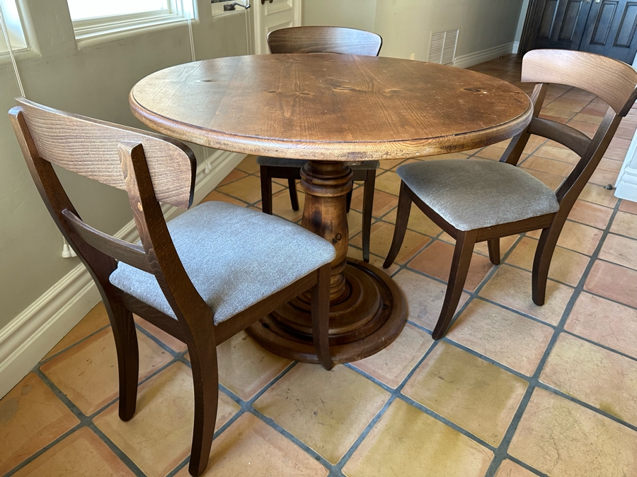 Wooden Pedestal Table 41.5R X 31H With Three Chairs 19W X 17D X 34H [Photo 6]