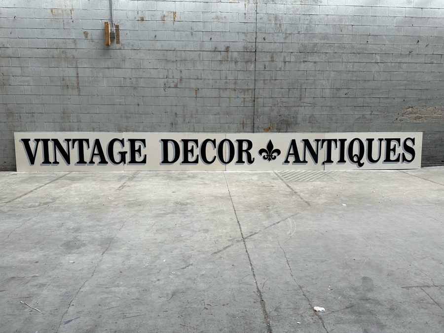Huge Hand-Painted 4-Panel Wooden Storefront Sign 'Vintage Decor Antiques' With Fleur-de-lis Each Panel Measures [Photo 1]
