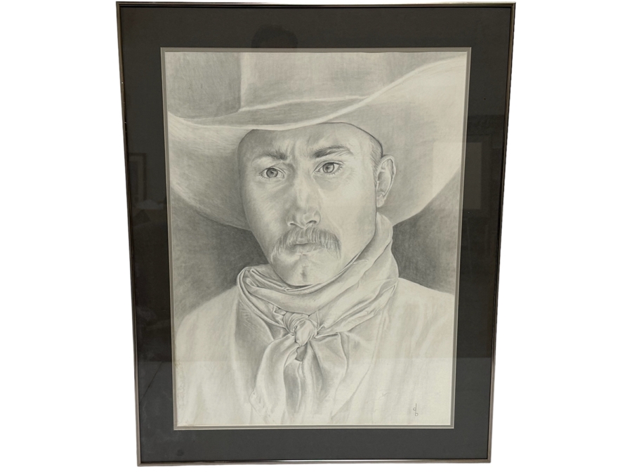 Original Pencil Drawing On Paper Of Cowboy Signed DB 20.5W X 28H Framed 26.5W X 33.5H [Photo 1]