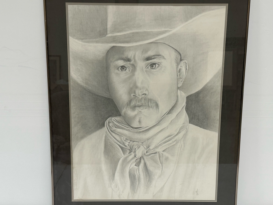 Original Pencil Drawing On Paper Of Cowboy Signed DB 20.5W X 28H Framed 26.5W X 33.5H [Photo 2]