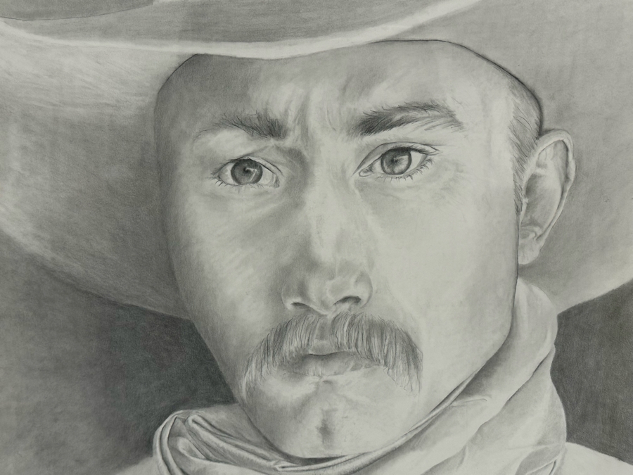 Original Pencil Drawing On Paper Of Cowboy Signed DB 20.5W X 28H Framed 26.5W X 33.5H [Photo 3]