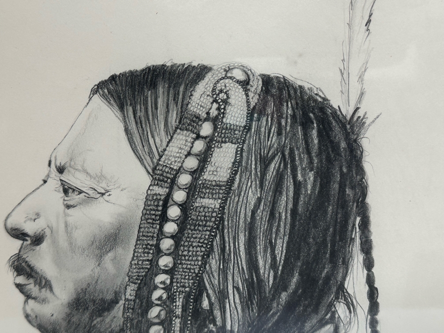 Original Pencil Drawing On Paper Of Native American Indian Signed DB 10W X 12H Framed 19W X 23H [Photo 6]
