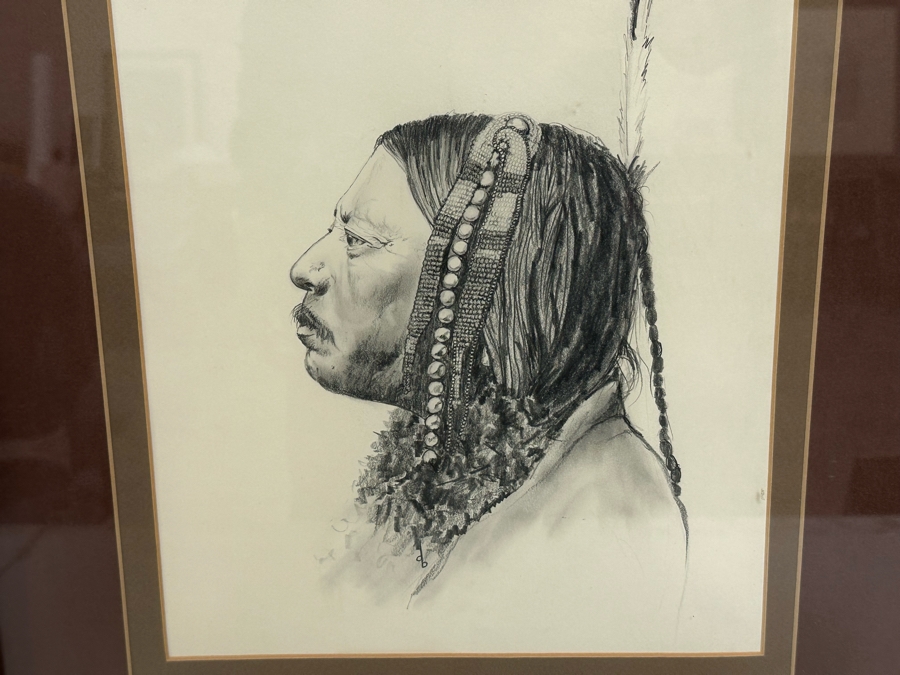 Original Pencil Drawing On Paper Of Native American Indian Signed DB 10W X 12H Framed 19W X 23H [Photo 1]