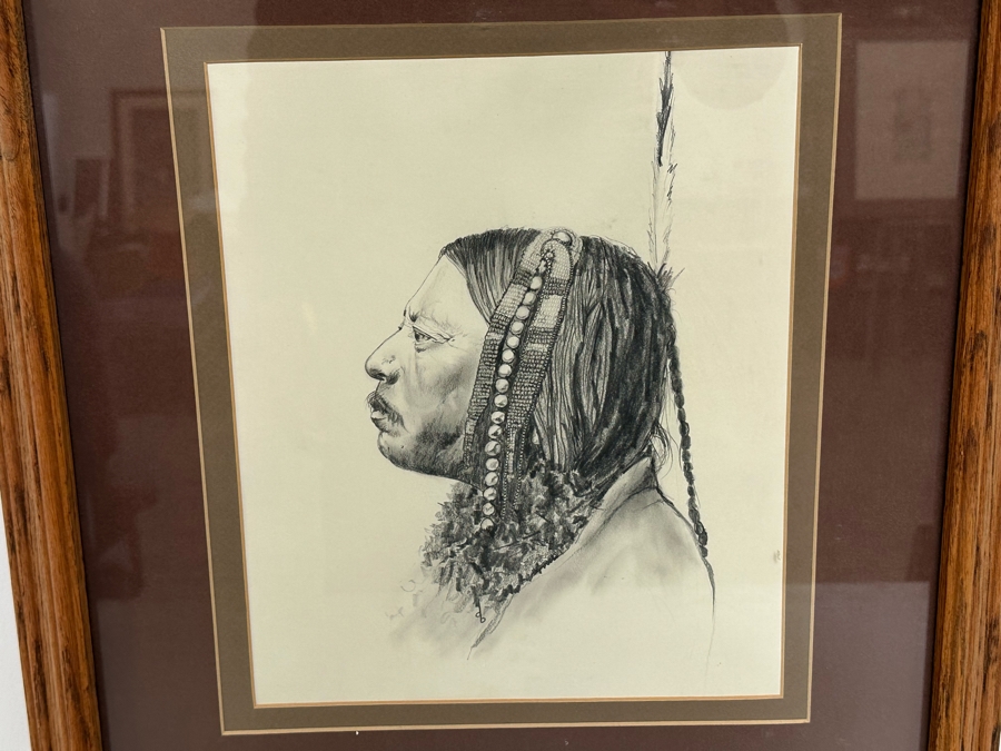 Original Pencil Drawing On Paper Of Native American Indian Signed DB 10W X 12H Framed 19W X 23H [Photo 3]