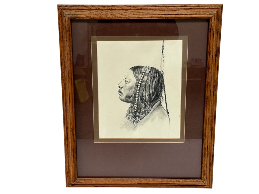 Original Pencil Drawing On Paper Of Native American Indian Signed DB 10W X 12H Framed 19W X 23H [Photo 2]