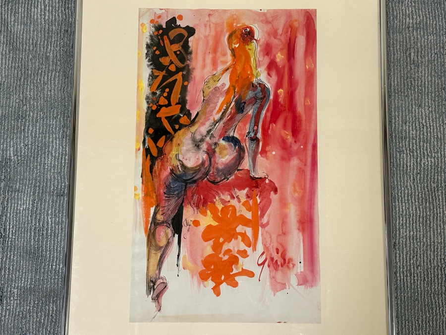 Hendrik Grise (1914-1982, Los Angeles) Original Abstract Modernist Nude Painting On Paper Signed Grise 15.5W X 27H Framed 27W X 38H (Crack In Glass Lower Right)