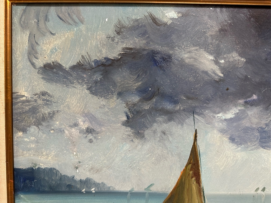 Stunning Original Oil Painting On Board Dock Harbor Scene In Antique Gilt Frame Signed Giori 45 X 23 Framed 51 X 29 [Photo 6]