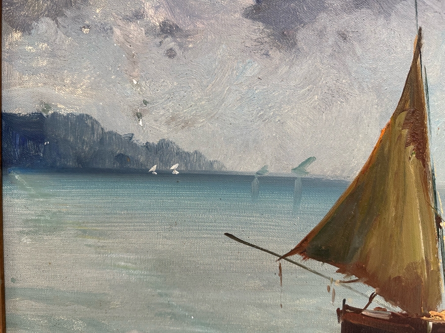 Stunning Original Oil Painting On Board Dock Harbor Scene In Antique Gilt Frame Signed Giori 45 X 23 Framed 51 X 29 [Photo 7]