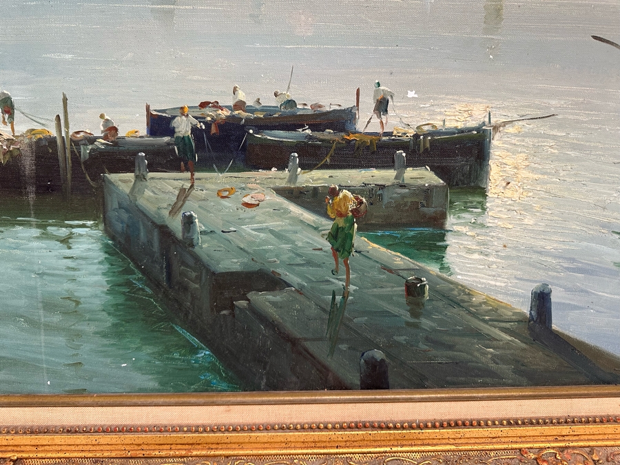 Stunning Original Oil Painting On Board Dock Harbor Scene In Antique Gilt Frame Signed Giori 45 X 23 Framed 51 X 29 [Photo 3]