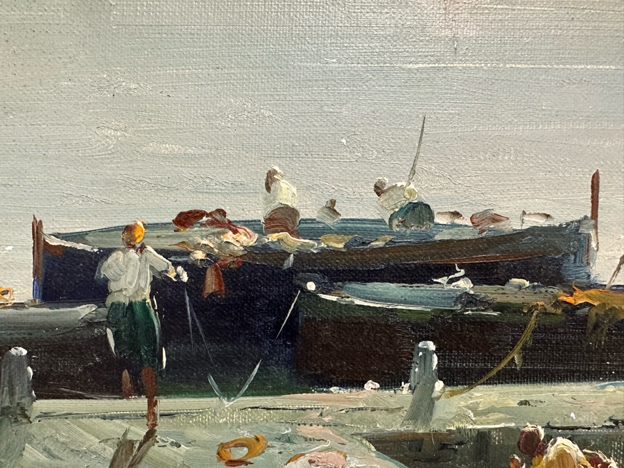 Stunning Original Oil Painting On Board Dock Harbor Scene In Antique Gilt Frame Signed Giori 45 X 23 Framed 51 X 29 [Photo 13]