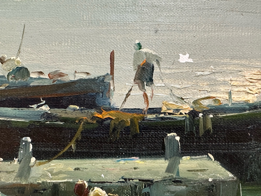 Stunning Original Oil Painting On Board Dock Harbor Scene In Antique Gilt Frame Signed Giori 45 X 23 Framed 51 X 29 [Photo 12]