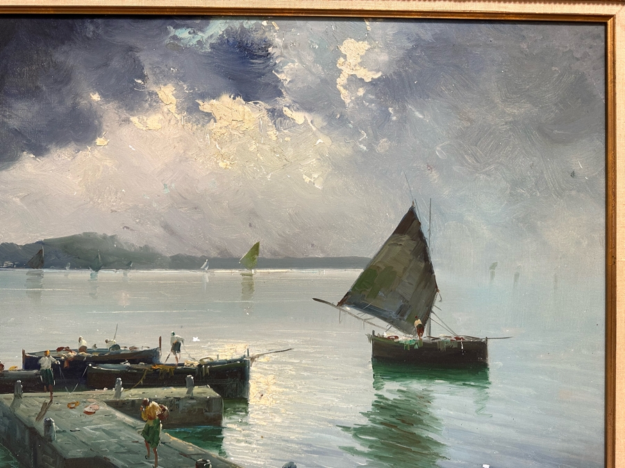 Stunning Original Oil Painting On Board Dock Harbor Scene In Antique Gilt Frame Signed Giori 45 X 23 Framed 51 X 29 [Photo 4]