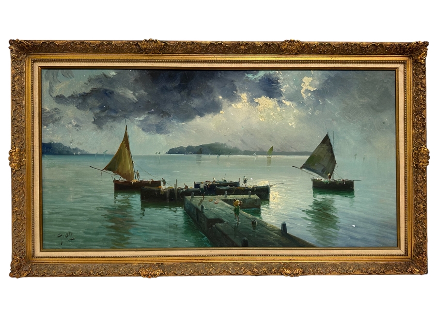 Stunning Original Oil Painting On Board Dock Harbor Scene In Antique Gilt Frame Signed Giori 45 X 23 Framed 51 X 29 [Photo 1]