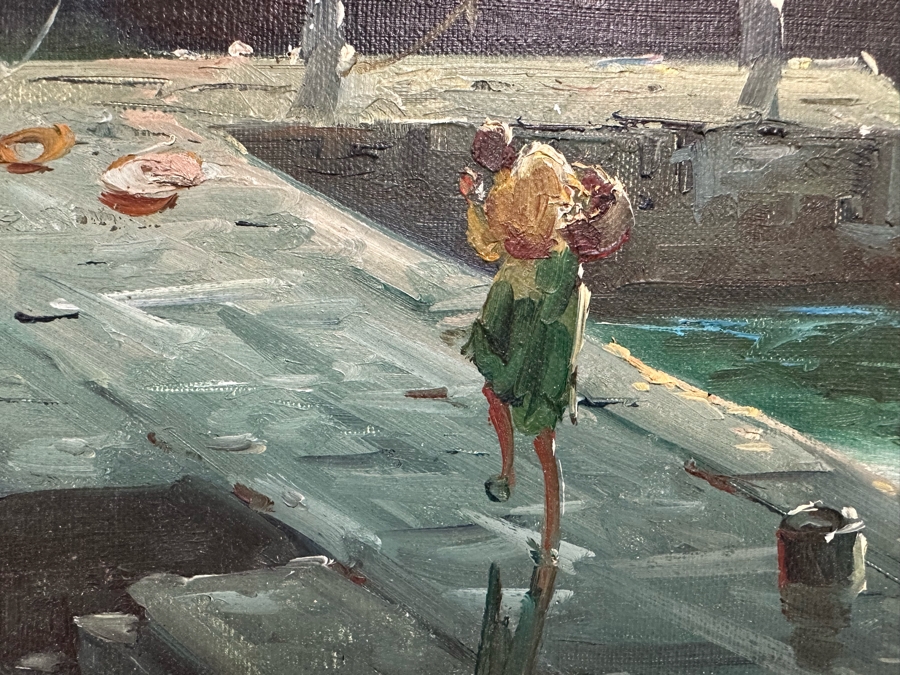 Stunning Original Oil Painting On Board Dock Harbor Scene In Antique Gilt Frame Signed Giori 45 X 23 Framed 51 X 29 [Photo 11]