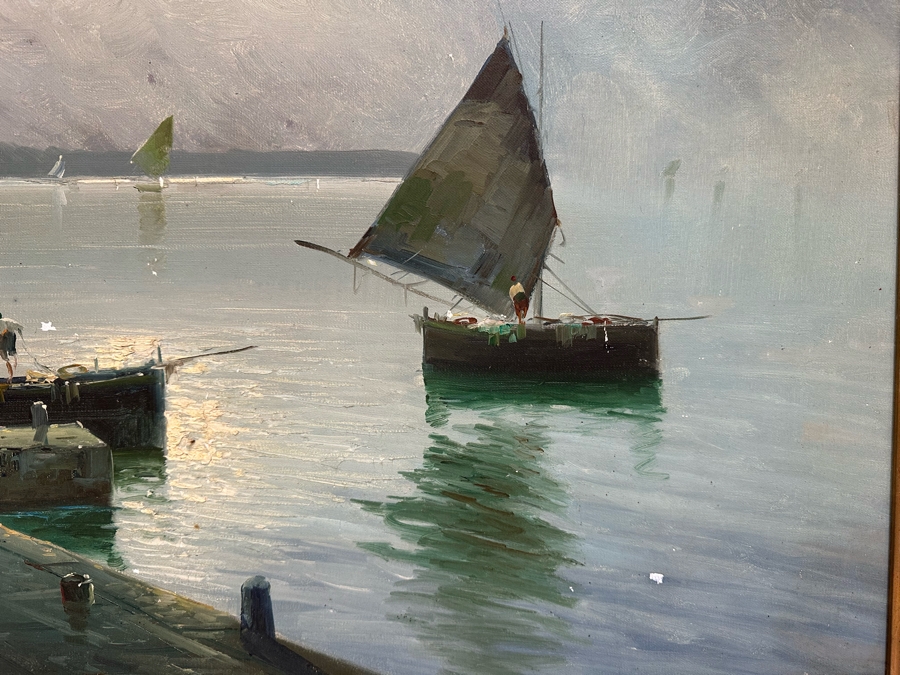 Stunning Original Oil Painting On Board Dock Harbor Scene In Antique Gilt Frame Signed Giori 45 X 23 Framed 51 X 29 [Photo 5]