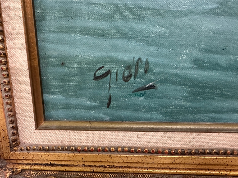 Stunning Original Oil Painting On Board Dock Harbor Scene In Antique Gilt Frame Signed Giori 45 X 23 Framed 51 X 29 [Photo 8]