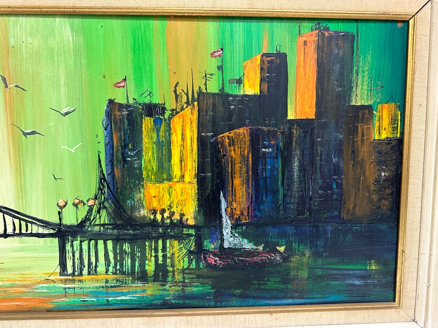 Original Mid-Century Abstract Bridge Cityscape With Boats On Water Signed Gene Sterling ( Laguna Beach Artist / Actor) 40 X 16 Framed 46 X 21 [Photo 4]