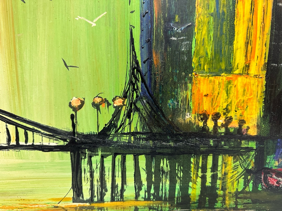 Original Mid-Century Abstract Bridge Cityscape With Boats On Water Signed Gene Sterling ( Laguna Beach Artist / Actor) 40 X 16 Framed 46 X 21 [Photo 5]