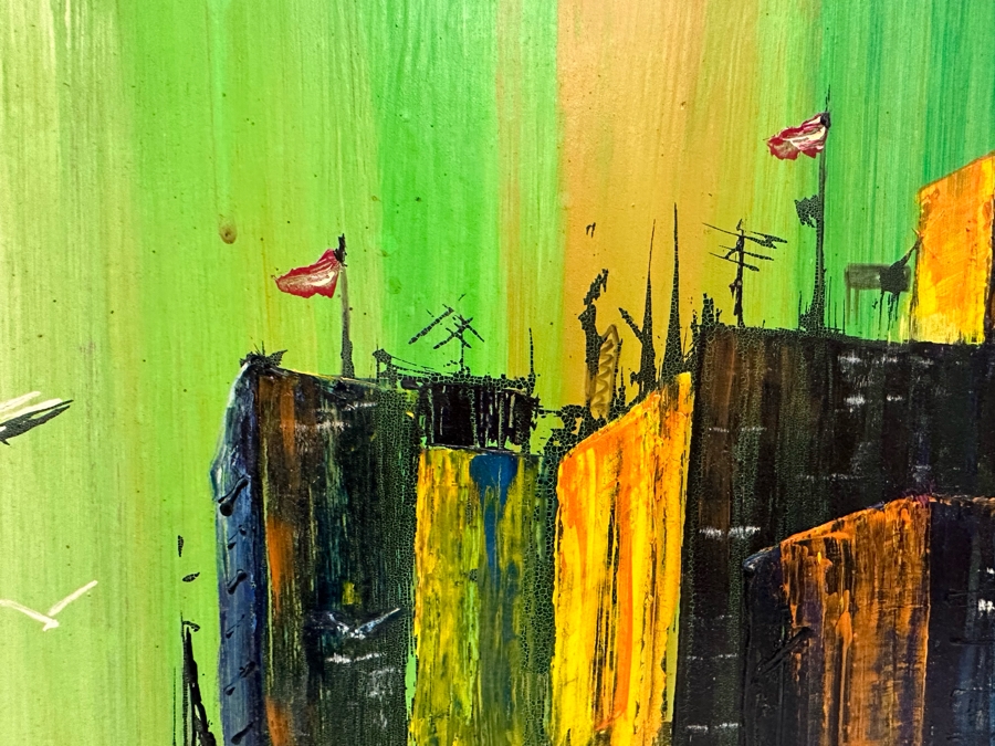 Original Mid-Century Abstract Bridge Cityscape With Boats On Water Signed Gene Sterling ( Laguna Beach Artist / Actor) 40 X 16 Framed 46 X 21 [Photo 6]