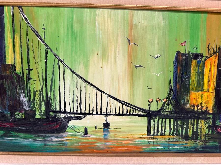 Original Mid-Century Abstract Bridge Cityscape With Boats On Water Signed Gene Sterling ( Laguna Beach Artist / Actor) 40 X 16 Framed 46 X 21 [Photo 3]