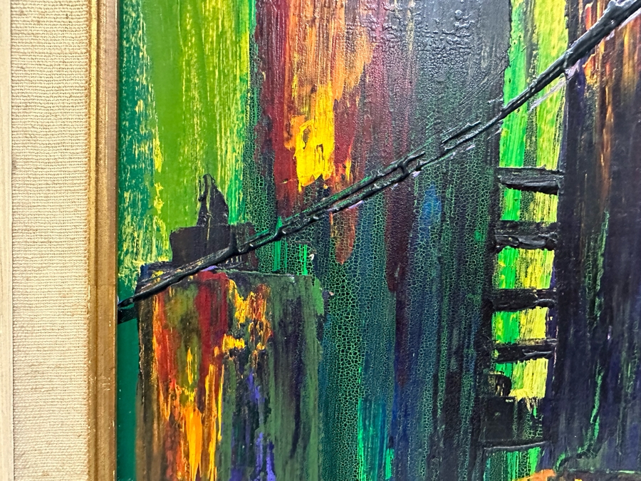 Original Mid-Century Abstract Bridge Cityscape With Boats On Water Signed Gene Sterling ( Laguna Beach Artist / Actor) 40 X 16 Framed 46 X 21 [Photo 8]