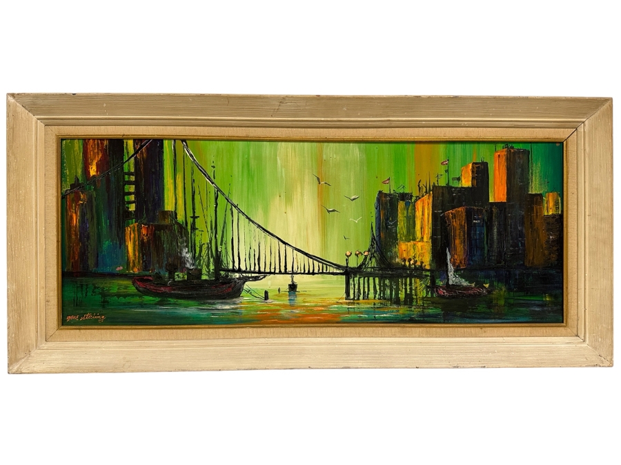 Original Mid-Century Abstract Bridge Cityscape With Boats On Water Signed Gene Sterling ( Laguna Beach Artist / Actor) 40 X 16 Framed 46 X 21