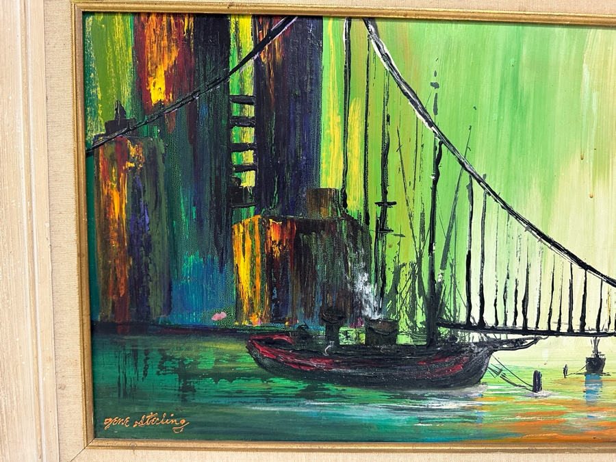 Original Mid-Century Abstract Bridge Cityscape With Boats On Water Signed Gene Sterling ( Laguna Beach Artist / Actor) 40 X 16 Framed 46 X 21 [Photo 2]