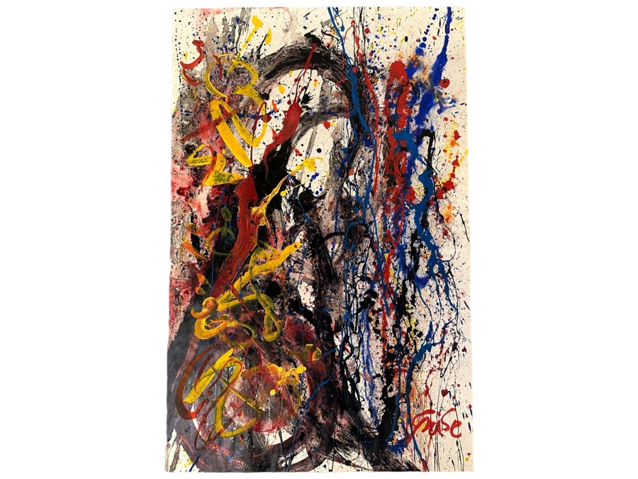 Hendrik Grise (1914-1982, Los Angeles) Original Abstract Modernist Painting On Paper In Manner Of Jackson Pollock Drip Painting Signed Grise 22.5W X 35H [Photo 1]