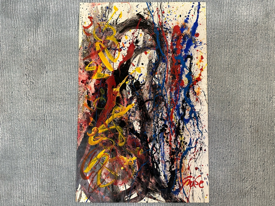 Hendrik Grise (1914-1982, Los Angeles) Original Abstract Modernist Painting On Paper In Manner Of Jackson Pollock Drip Painting Signed Grise 22.5W X 35H [Photo 3]