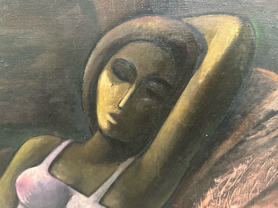 Original Signed Painting Of Woman Resting Near Boat Dock Signed Somkiat P. 71 32W X 32H Framed 37.5W X 37.5H [Photo 8]