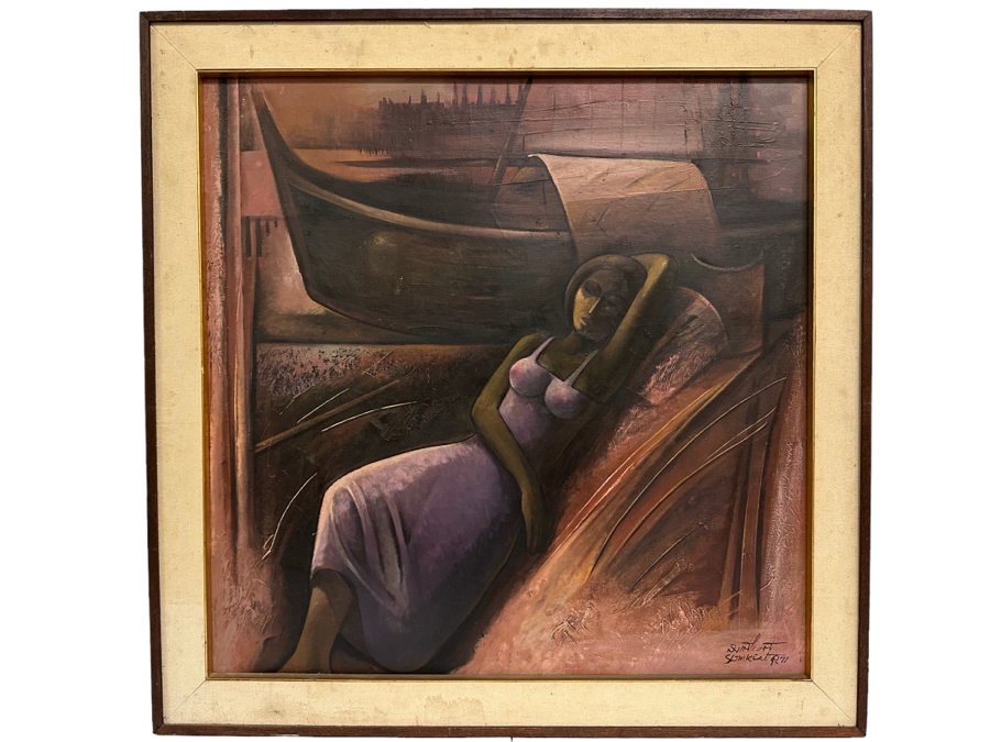 Original Signed Painting Of Woman Resting Near Boat Dock Signed Somkiat P. 71 32W X 32H Framed 37.5W X 37.5H