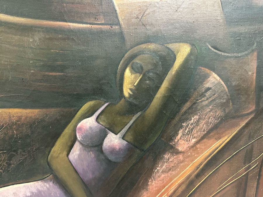 Original Signed Painting Of Woman Resting Near Boat Dock Signed Somkiat P. 71 32W X 32H Framed 37.5W X 37.5H [Photo 4]