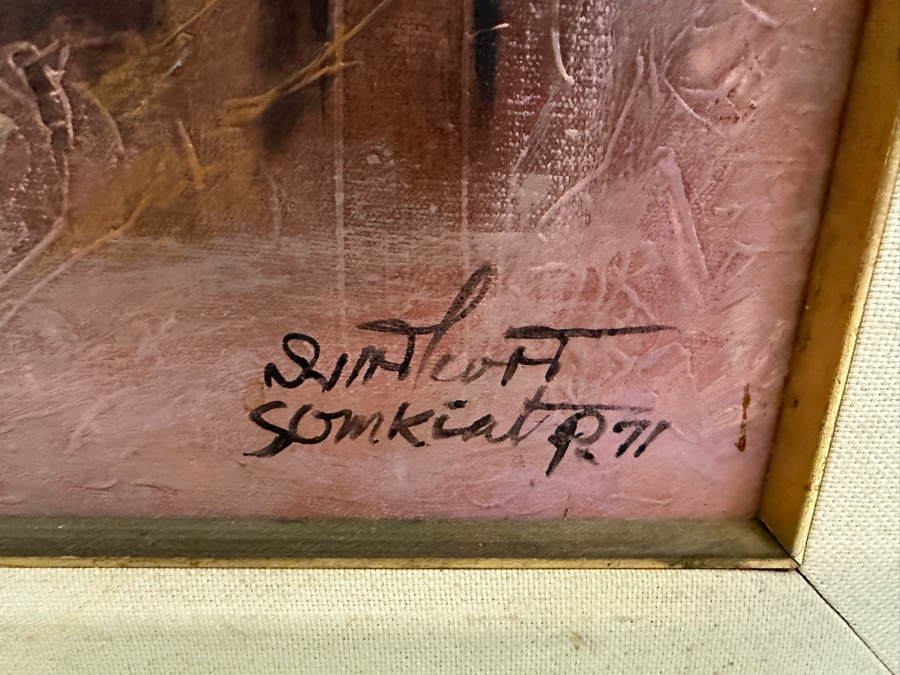 Original Signed Painting Of Woman Resting Near Boat Dock Signed Somkiat P. 71 32W X 32H Framed 37.5W X 37.5H [Photo 10]