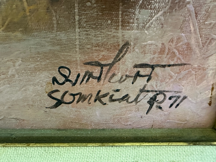 Original Signed Painting Of Woman Resting Near Boat Dock Signed Somkiat P. 71 32W X 32H Framed 37.5W X 37.5H [Photo 12]