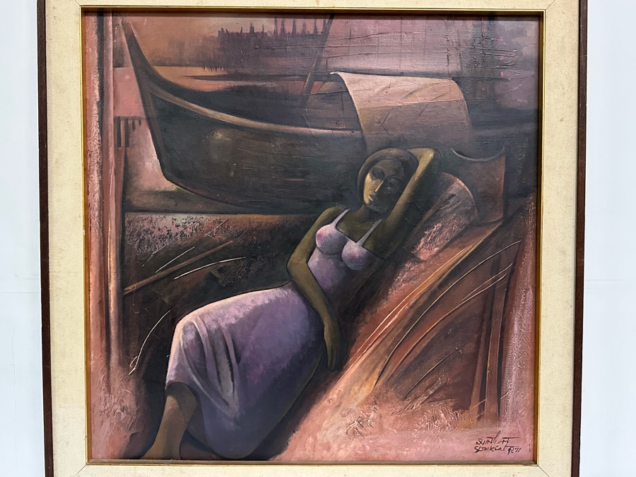Original Signed Painting Of Woman Resting Near Boat Dock Signed Somkiat P. 71 32W X 32H Framed 37.5W X 37.5H [Photo 3]