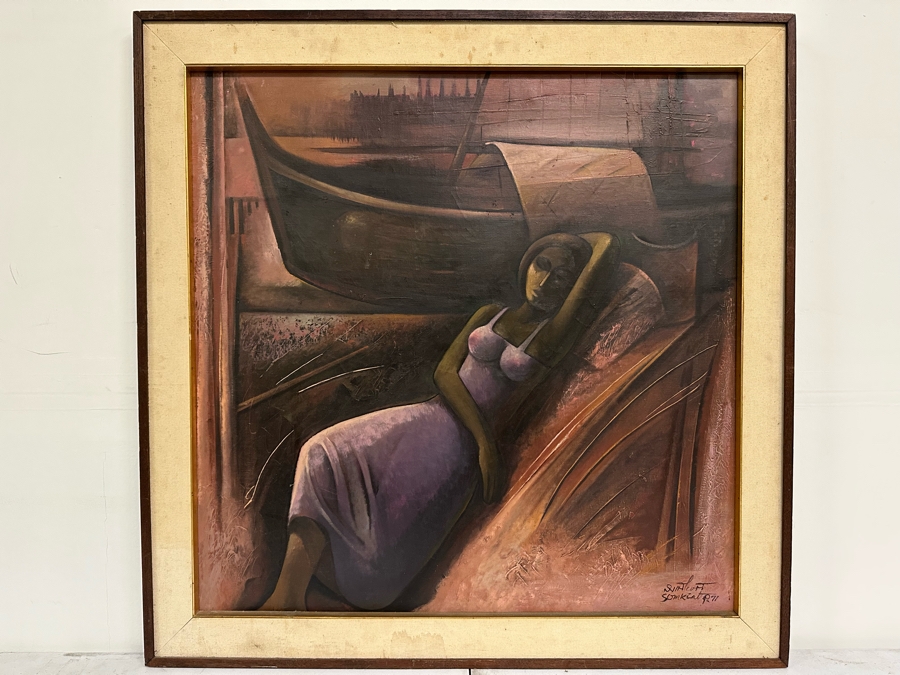 Original Signed Painting Of Woman Resting Near Boat Dock Signed Somkiat P. 71 32W X 32H Framed 37.5W X 37.5H [Photo 2]