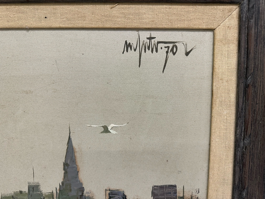 Original Abstract Mid-Century Impasto Painting On Canvas Of Cityscape River Scene 1970 Signature Illegible 24 X 18 Framed 32.5 X 26.5 [Photo 11]