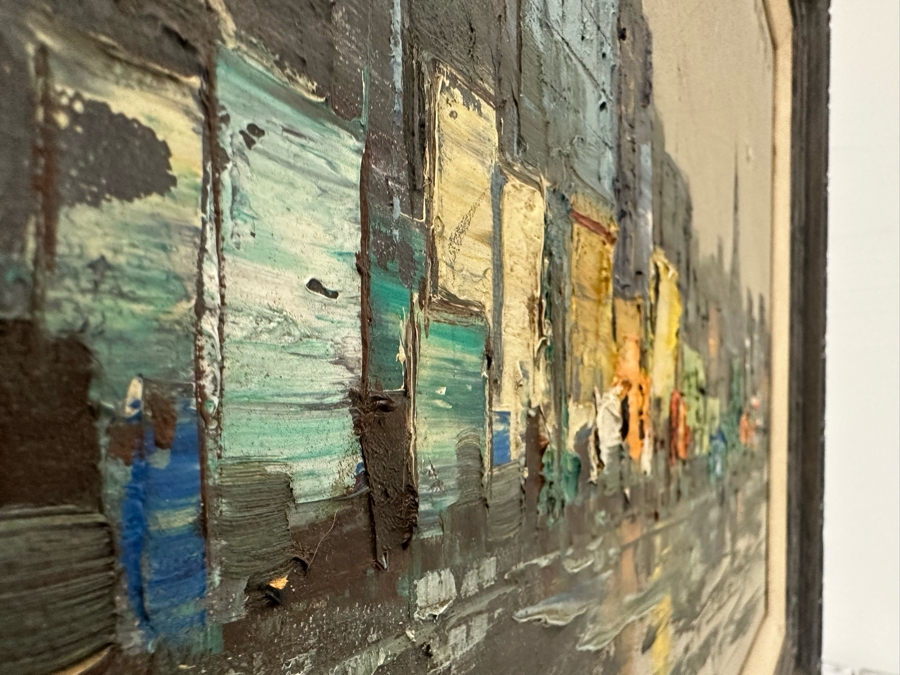 Original Abstract Mid-Century Impasto Painting On Canvas Of Cityscape River Scene 1970 Signature Illegible 24 X 18 Framed 32.5 X 26.5 [Photo 14]
